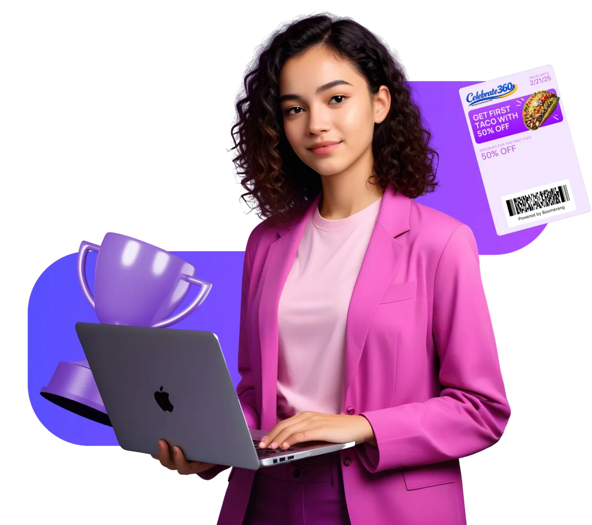 Celebrate 360 Get More Sales A woman holding a laptop with an image of a loyalty card and a winner's cup