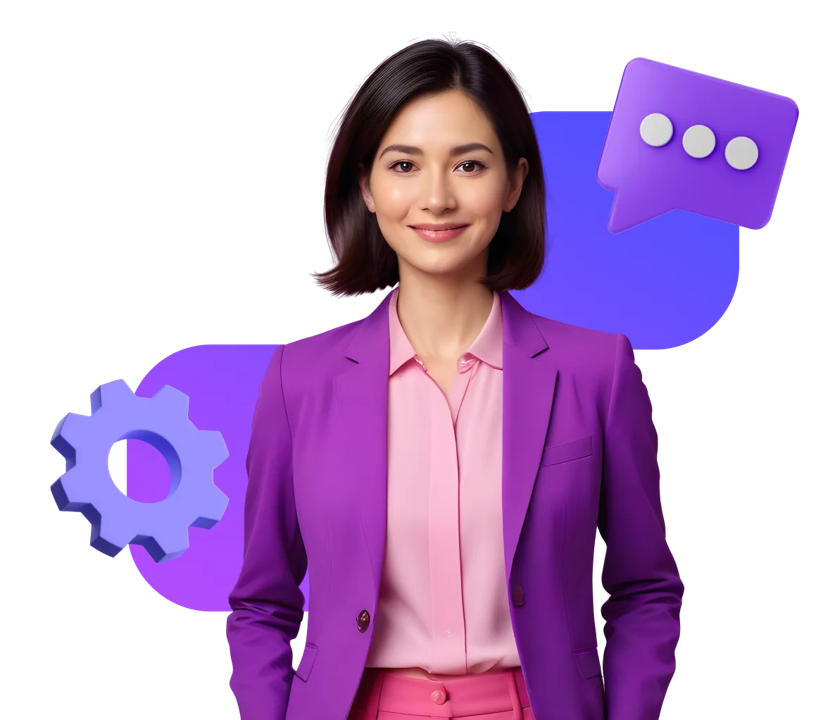 Celebrate 360 communication Woman with hands at her side and message image above her head and sprocket