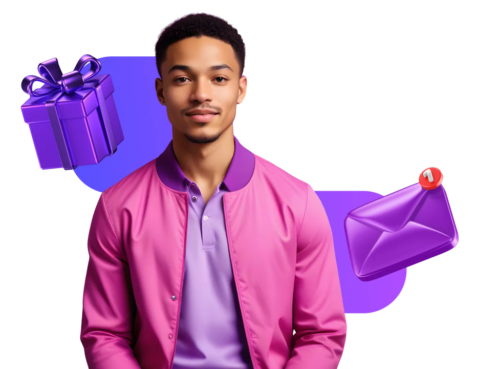 Celebrate 360 Automations Man with arms at his side image of present and email envelope