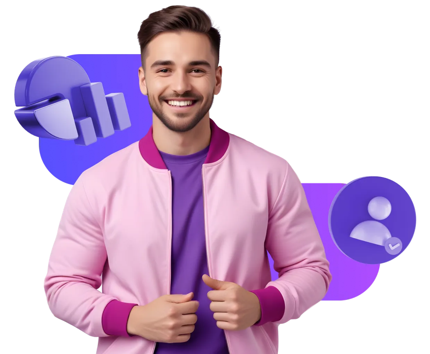 Celebrate 360 Grow Your Business A man smiling, holding his coat open with a statistics image behind him