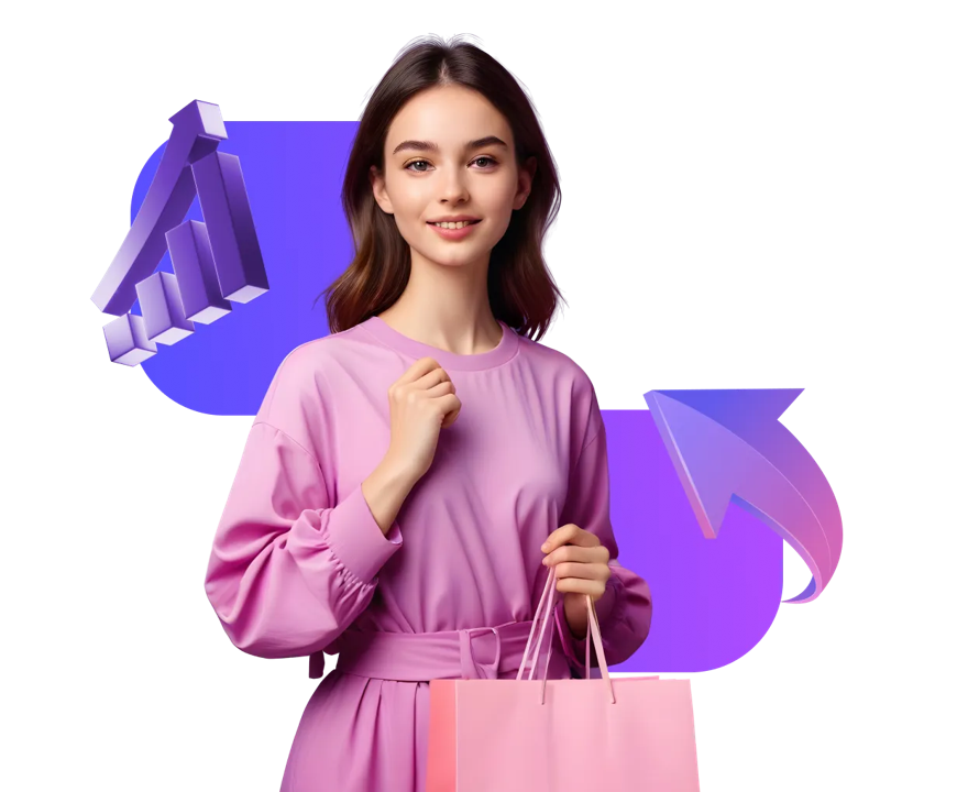 Celebrate 360 Retention Woman holding bag with arrow showing increase